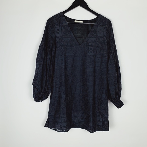 Capulet Dress Embroidered V Neck Long Sleeve Black - Picture 1 of 7